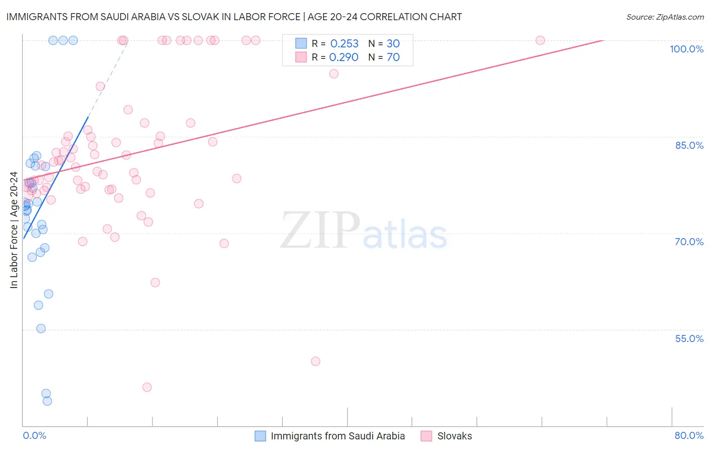 Immigrants from Saudi Arabia vs Slovak In Labor Force | Age 20-24