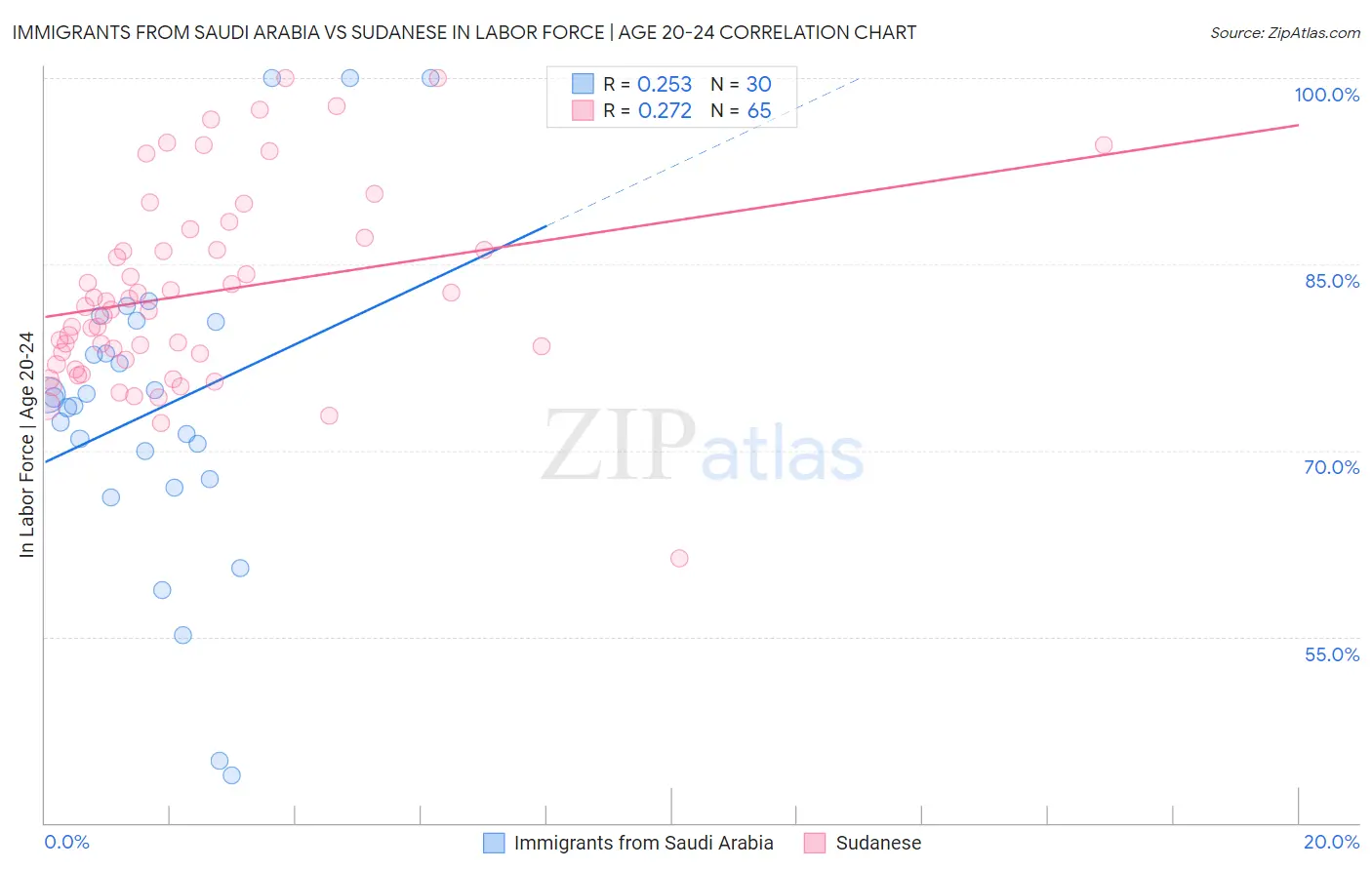 Immigrants from Saudi Arabia vs Sudanese In Labor Force | Age 20-24