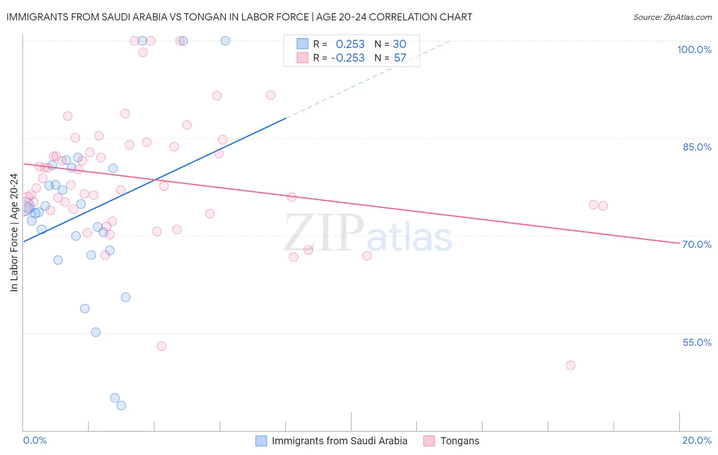 Immigrants from Saudi Arabia vs Tongan In Labor Force | Age 20-24