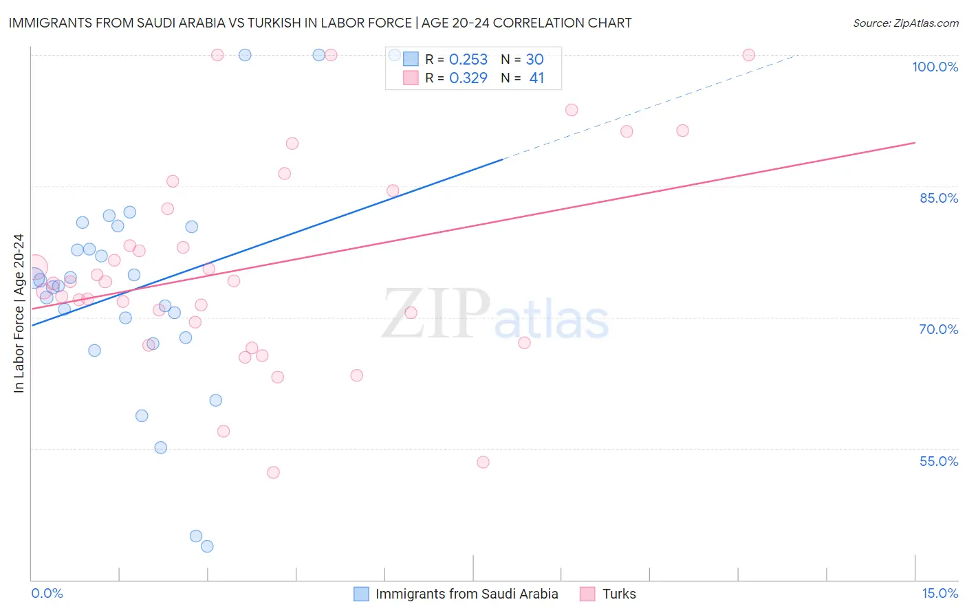 Immigrants from Saudi Arabia vs Turkish In Labor Force | Age 20-24