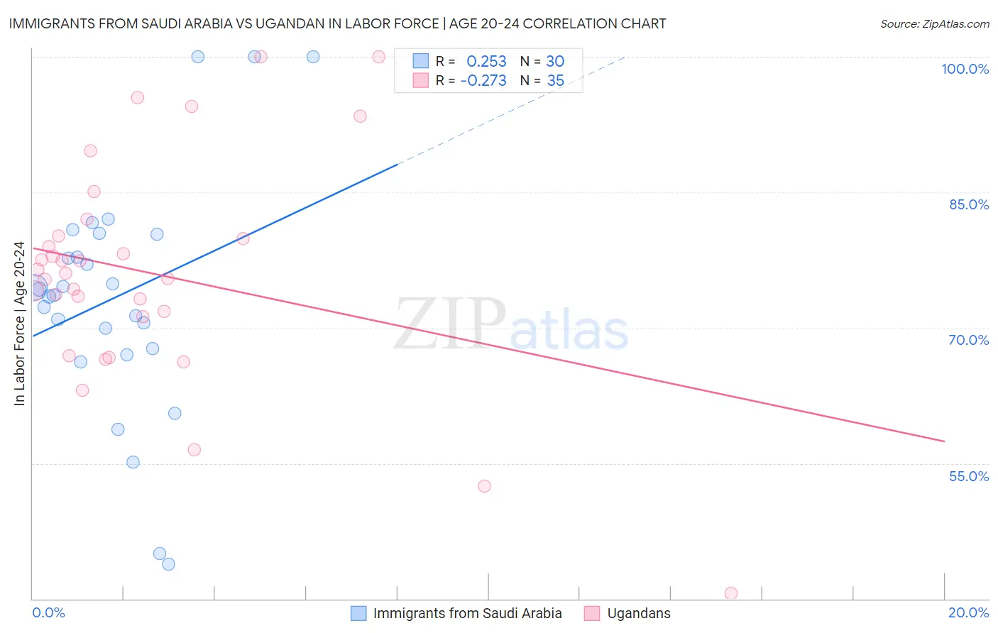 Immigrants from Saudi Arabia vs Ugandan In Labor Force | Age 20-24