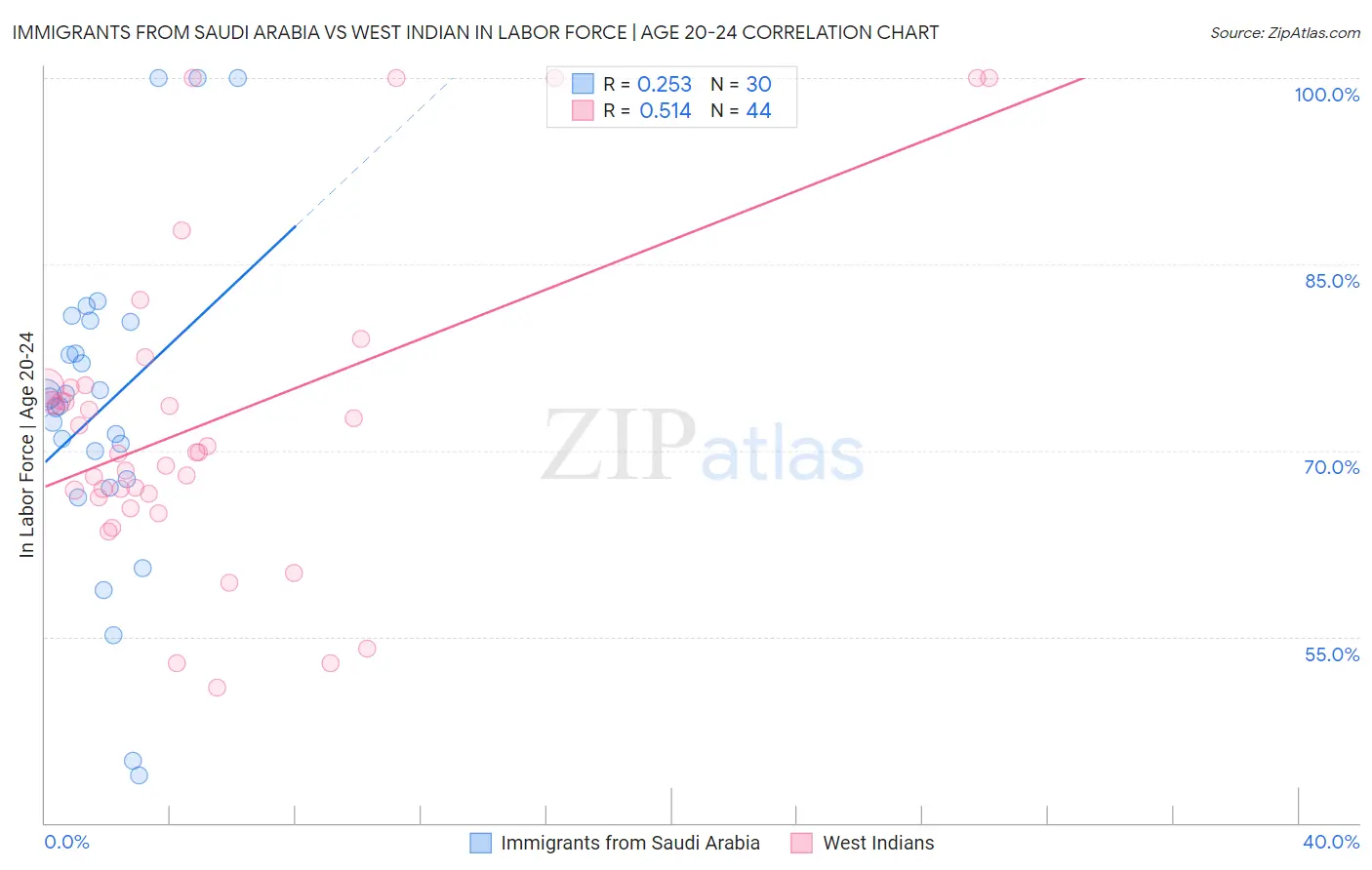 Immigrants from Saudi Arabia vs West Indian In Labor Force | Age 20-24
