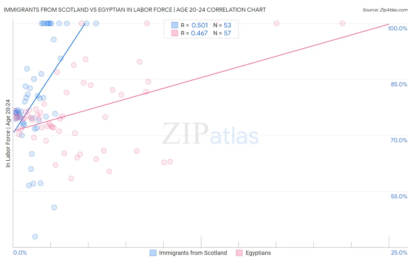 Immigrants from Scotland vs Egyptian In Labor Force | Age 20-24