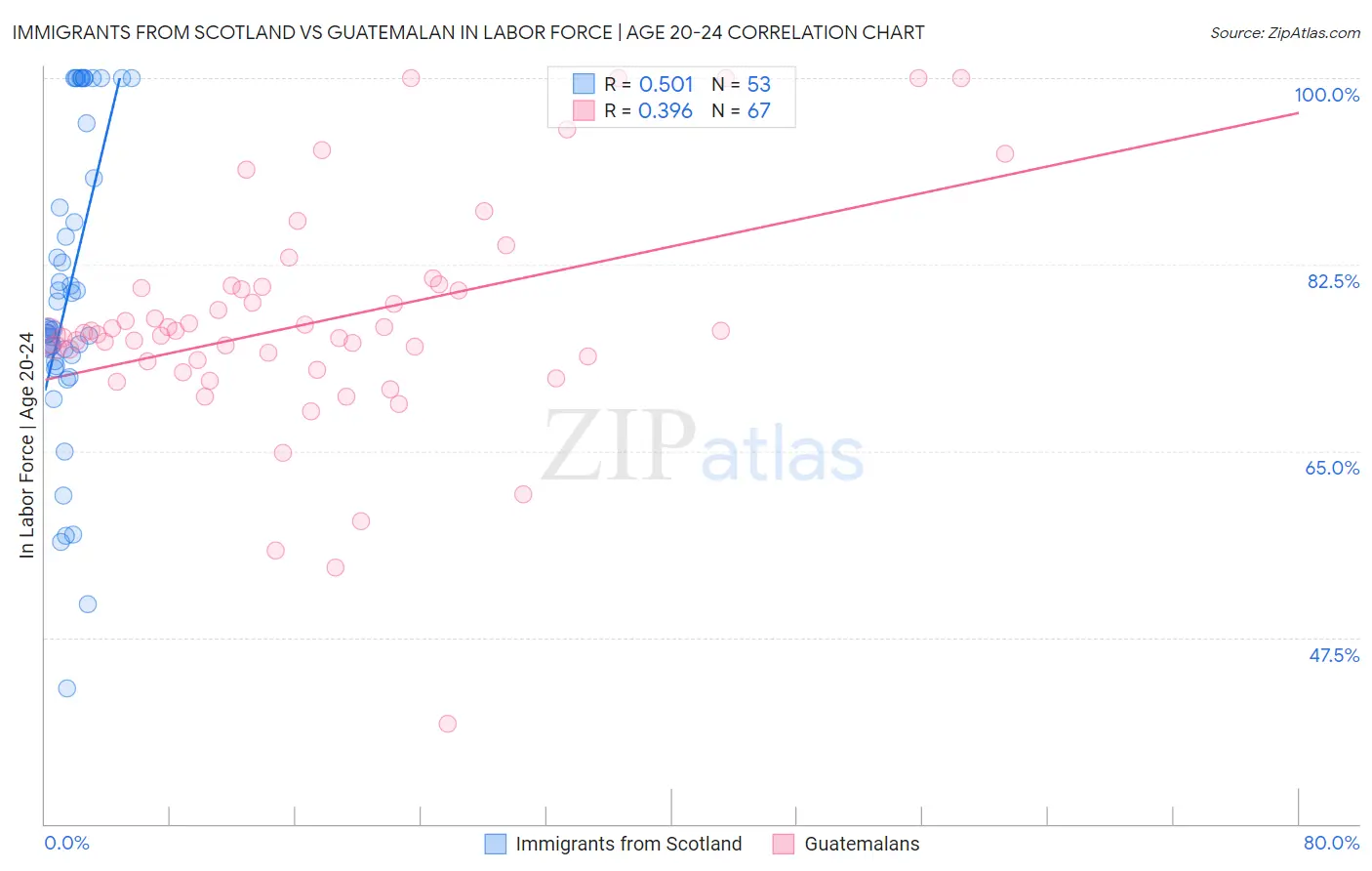 Immigrants from Scotland vs Guatemalan In Labor Force | Age 20-24