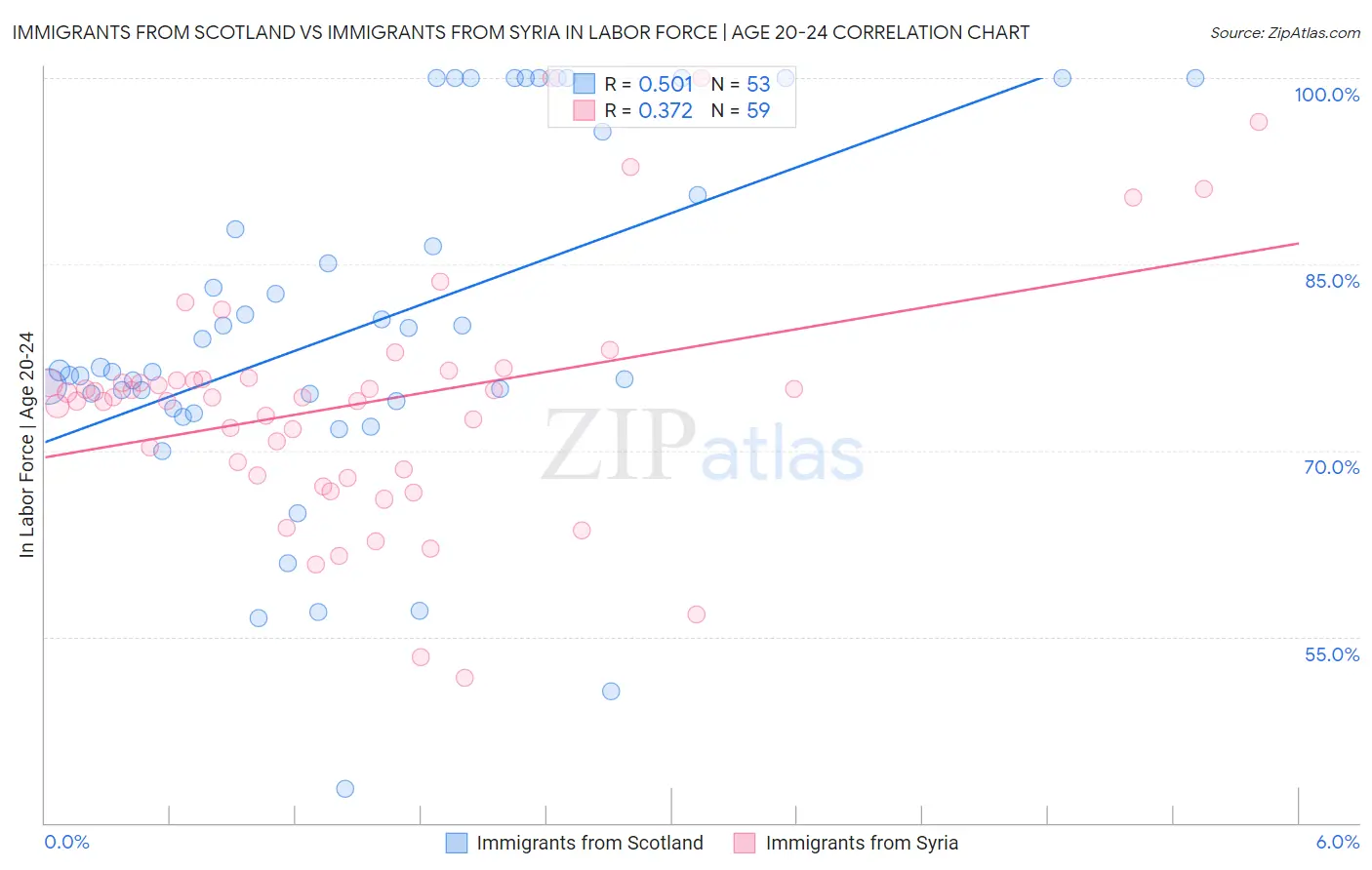 Immigrants from Scotland vs Immigrants from Syria In Labor Force | Age 20-24