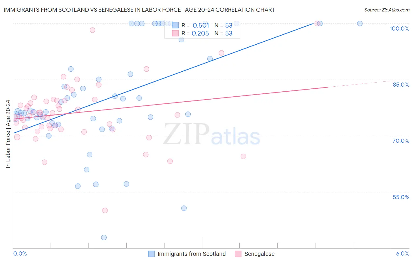 Immigrants from Scotland vs Senegalese In Labor Force | Age 20-24