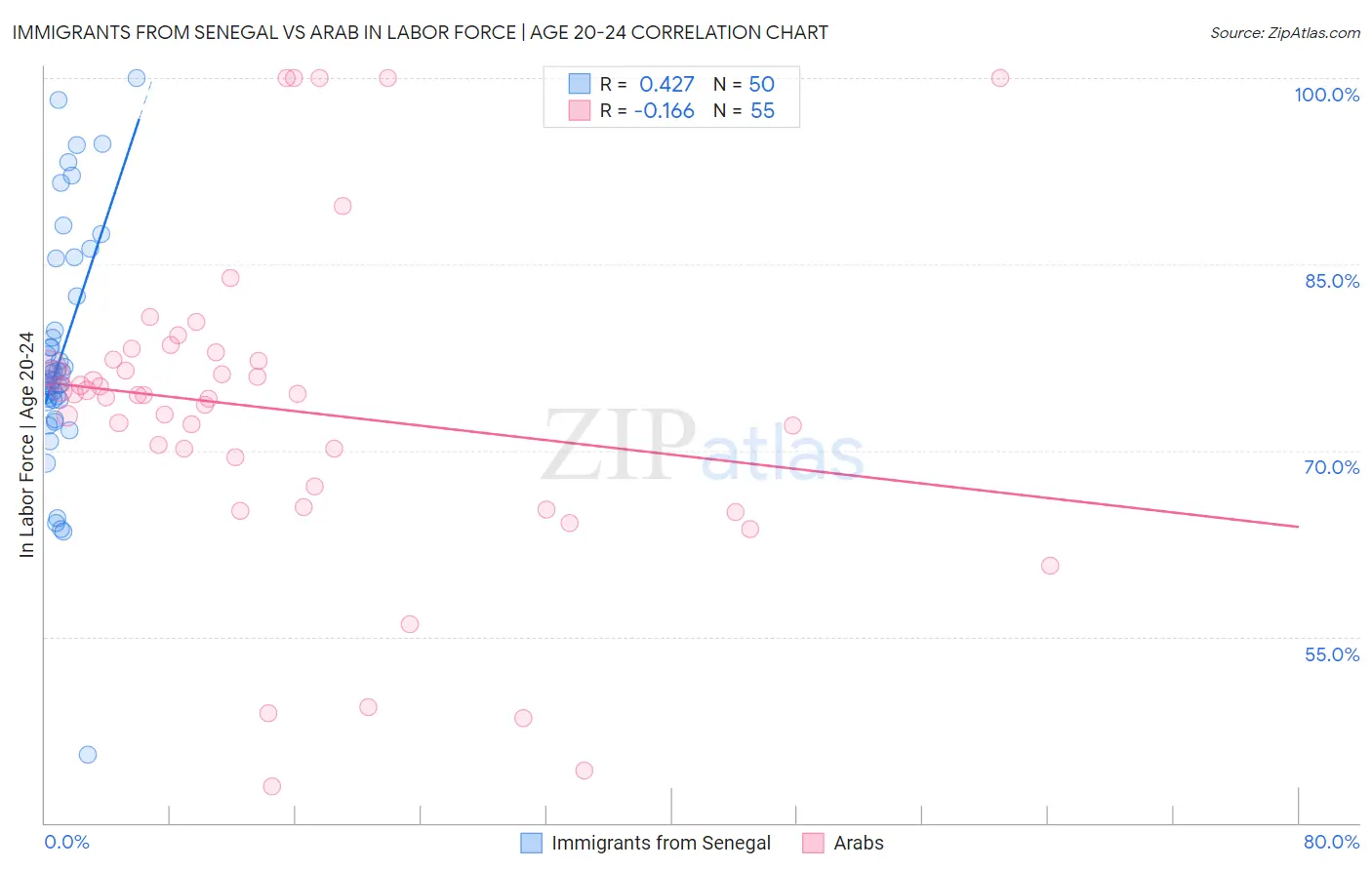 Immigrants from Senegal vs Arab In Labor Force | Age 20-24