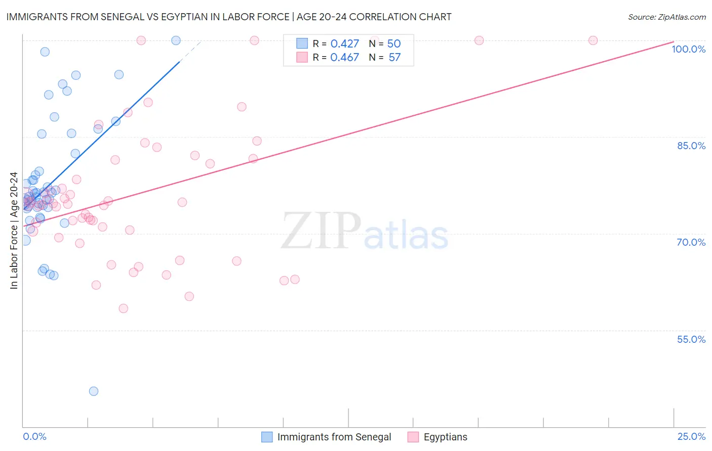Immigrants from Senegal vs Egyptian In Labor Force | Age 20-24