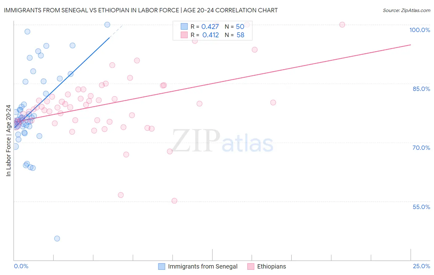 Immigrants from Senegal vs Ethiopian In Labor Force | Age 20-24