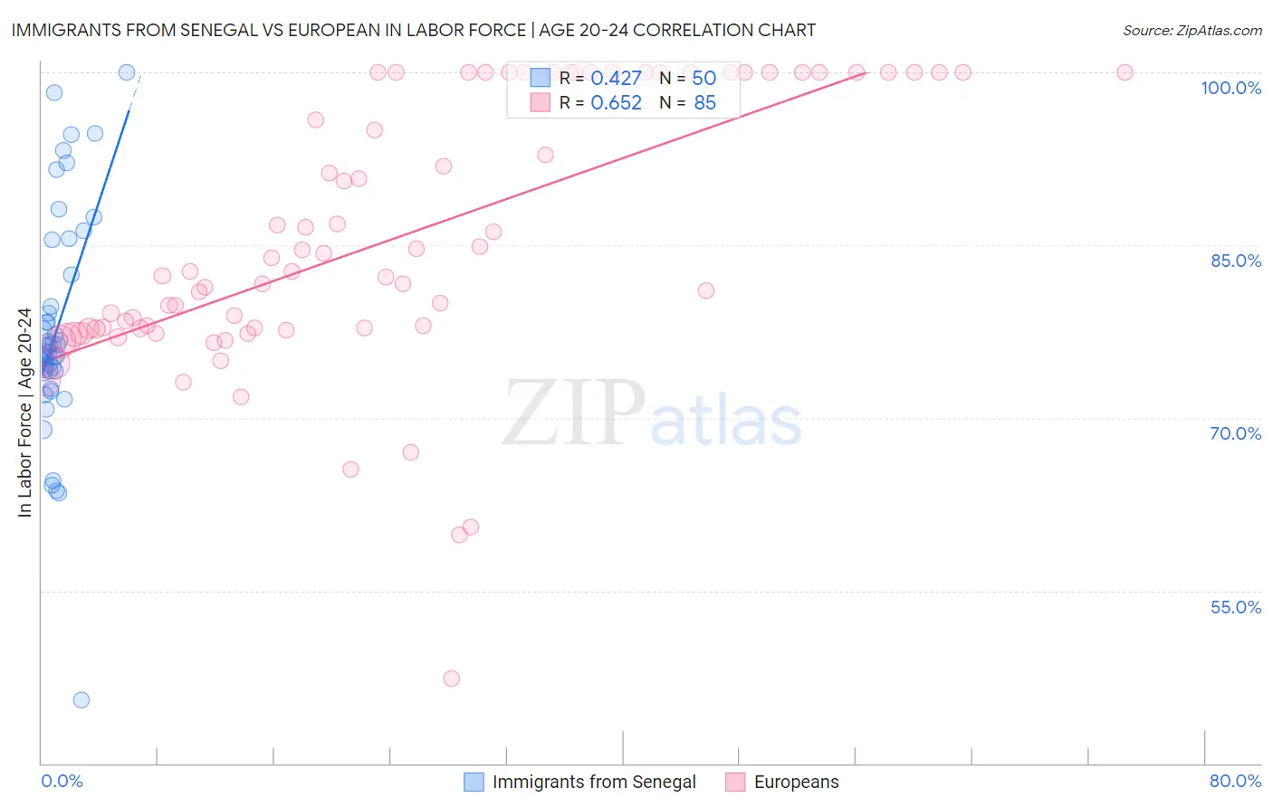 Immigrants from Senegal vs European In Labor Force | Age 20-24