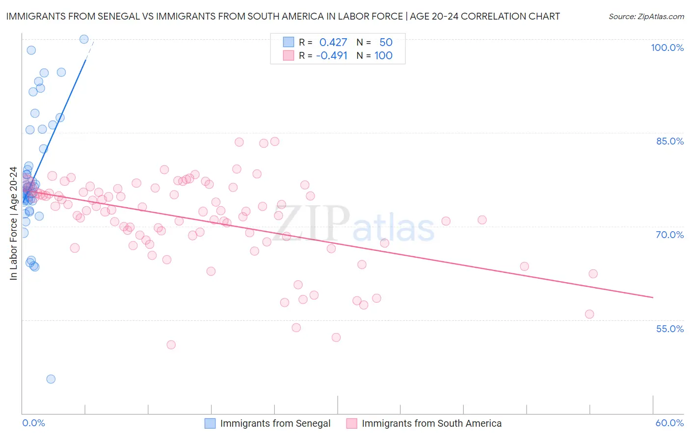 Immigrants from Senegal vs Immigrants from South America In Labor Force | Age 20-24