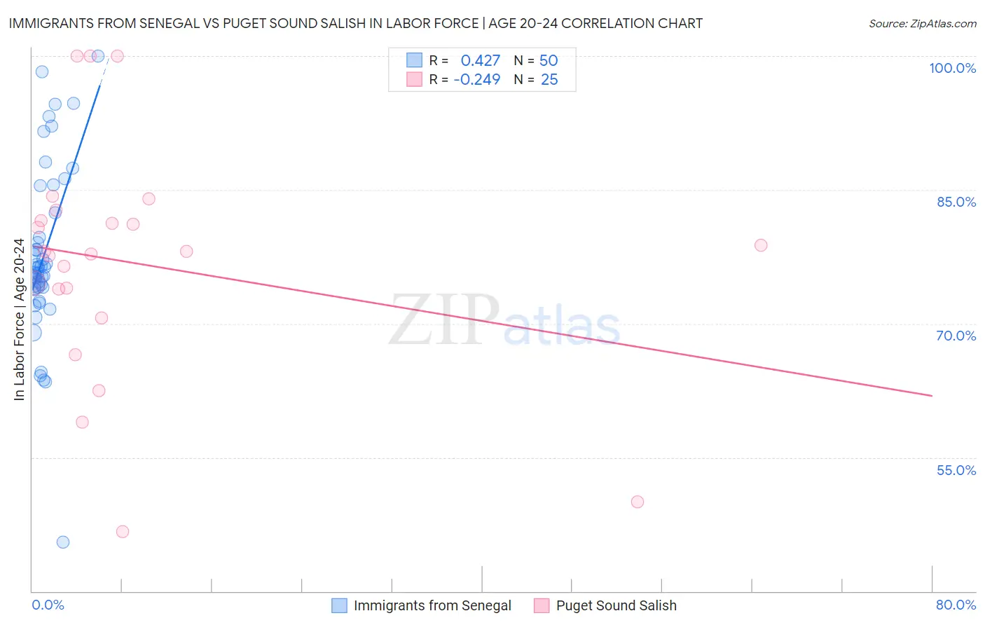 Immigrants from Senegal vs Puget Sound Salish In Labor Force | Age 20-24