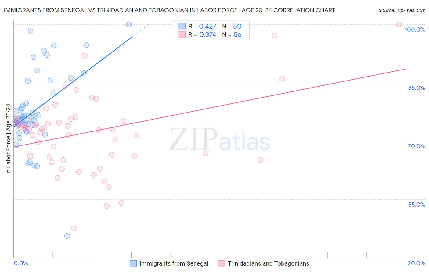 Immigrants from Senegal vs Trinidadian and Tobagonian In Labor Force | Age 20-24