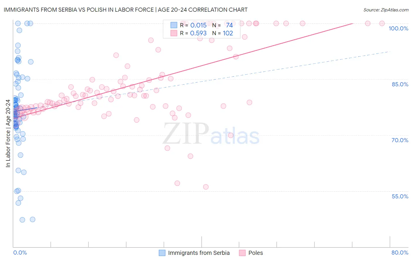 Immigrants from Serbia vs Polish In Labor Force | Age 20-24