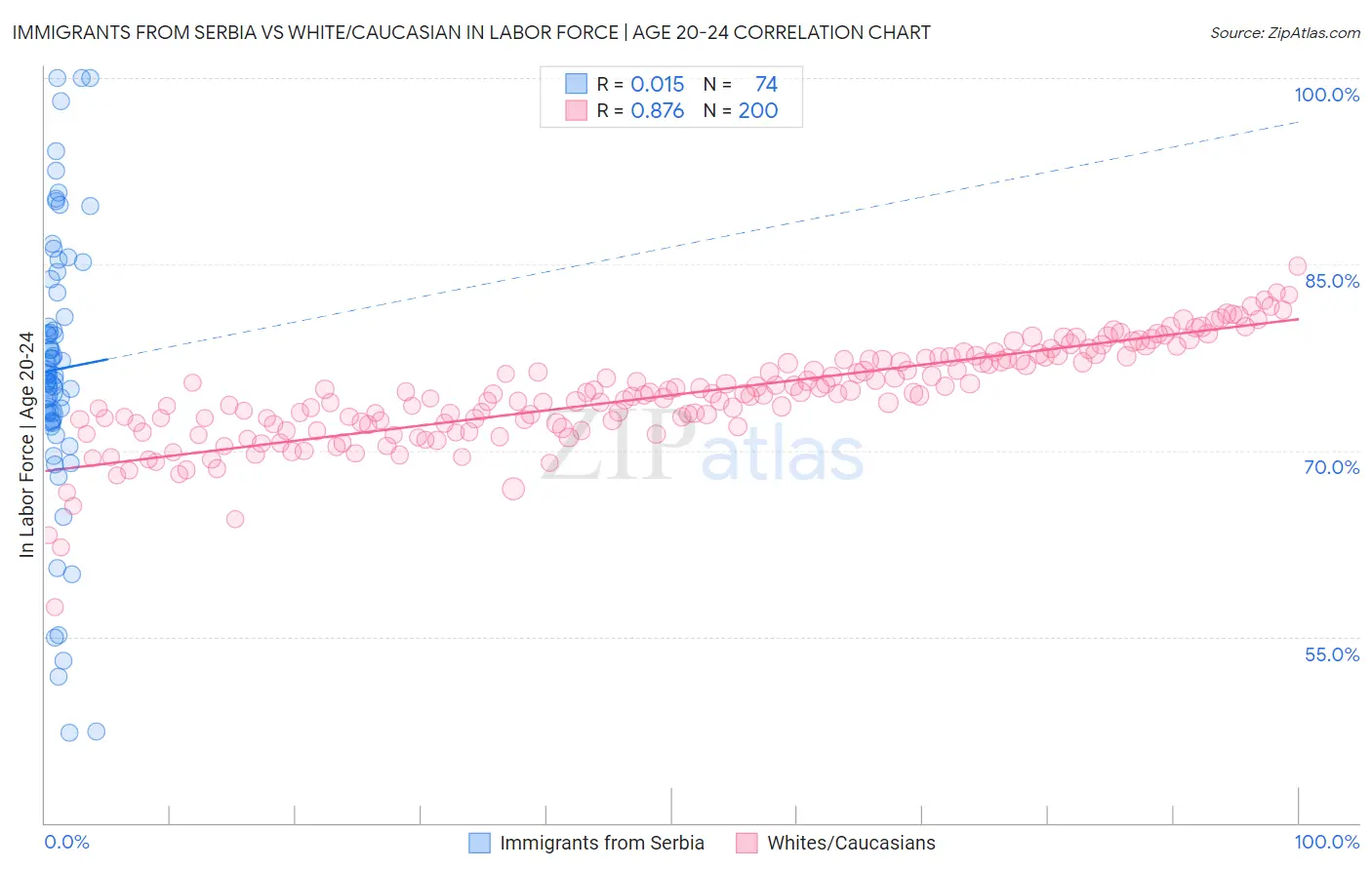 Immigrants from Serbia vs White/Caucasian In Labor Force | Age 20-24