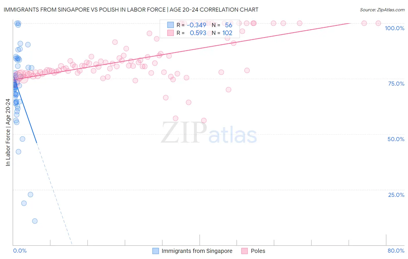 Immigrants from Singapore vs Polish In Labor Force | Age 20-24