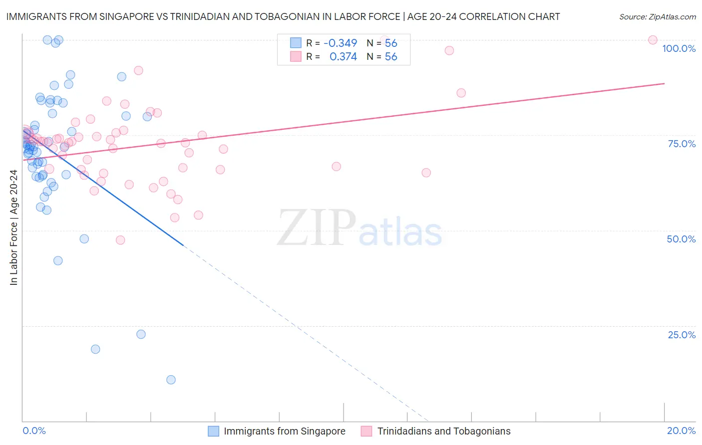 Immigrants from Singapore vs Trinidadian and Tobagonian In Labor Force | Age 20-24