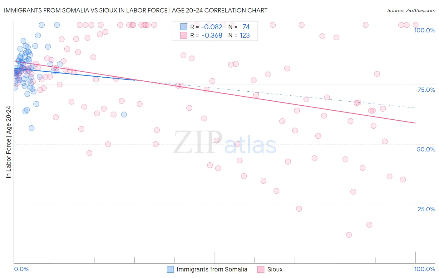 Immigrants from Somalia vs Sioux In Labor Force | Age 20-24