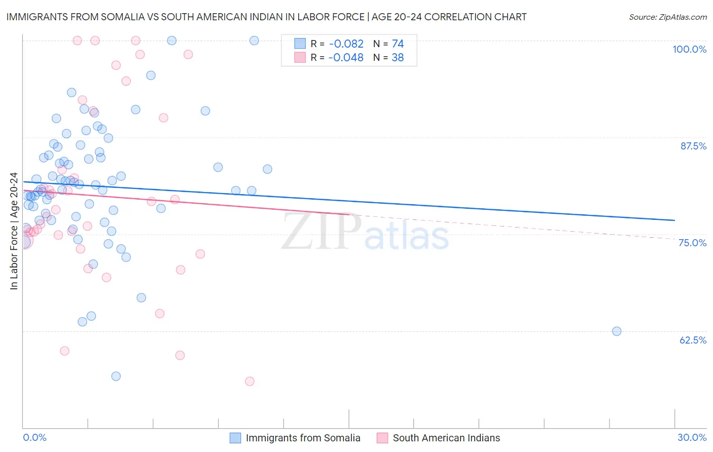 Immigrants from Somalia vs South American Indian In Labor Force | Age 20-24