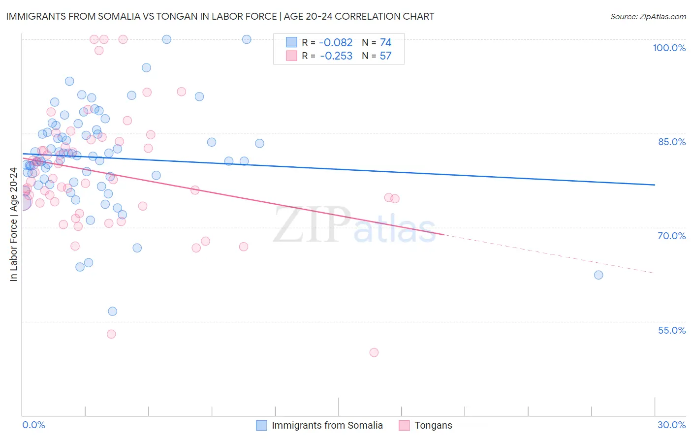 Immigrants from Somalia vs Tongan In Labor Force | Age 20-24