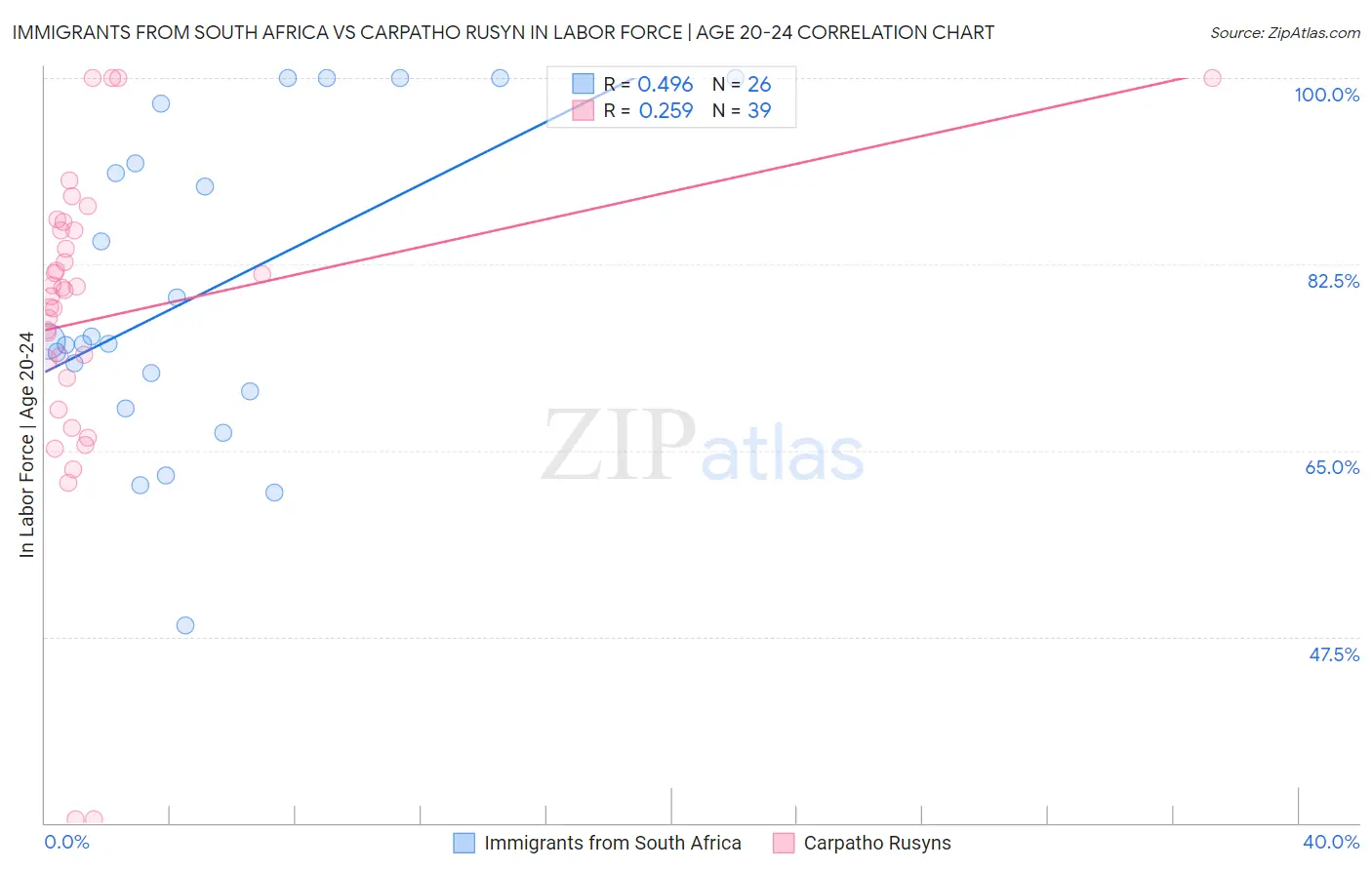 Immigrants from South Africa vs Carpatho Rusyn In Labor Force | Age 20-24