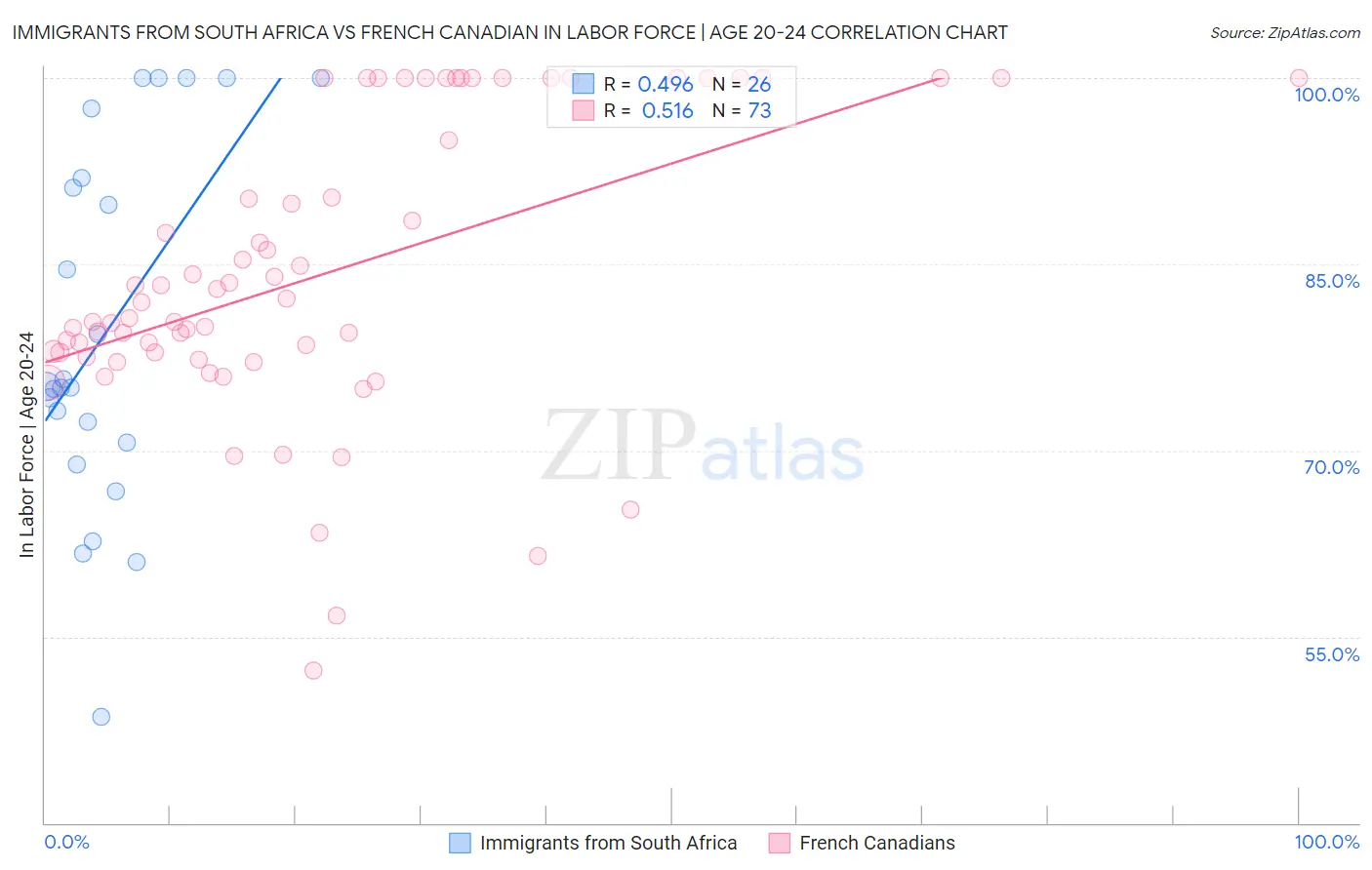 Immigrants from South Africa vs French Canadian In Labor Force | Age 20-24