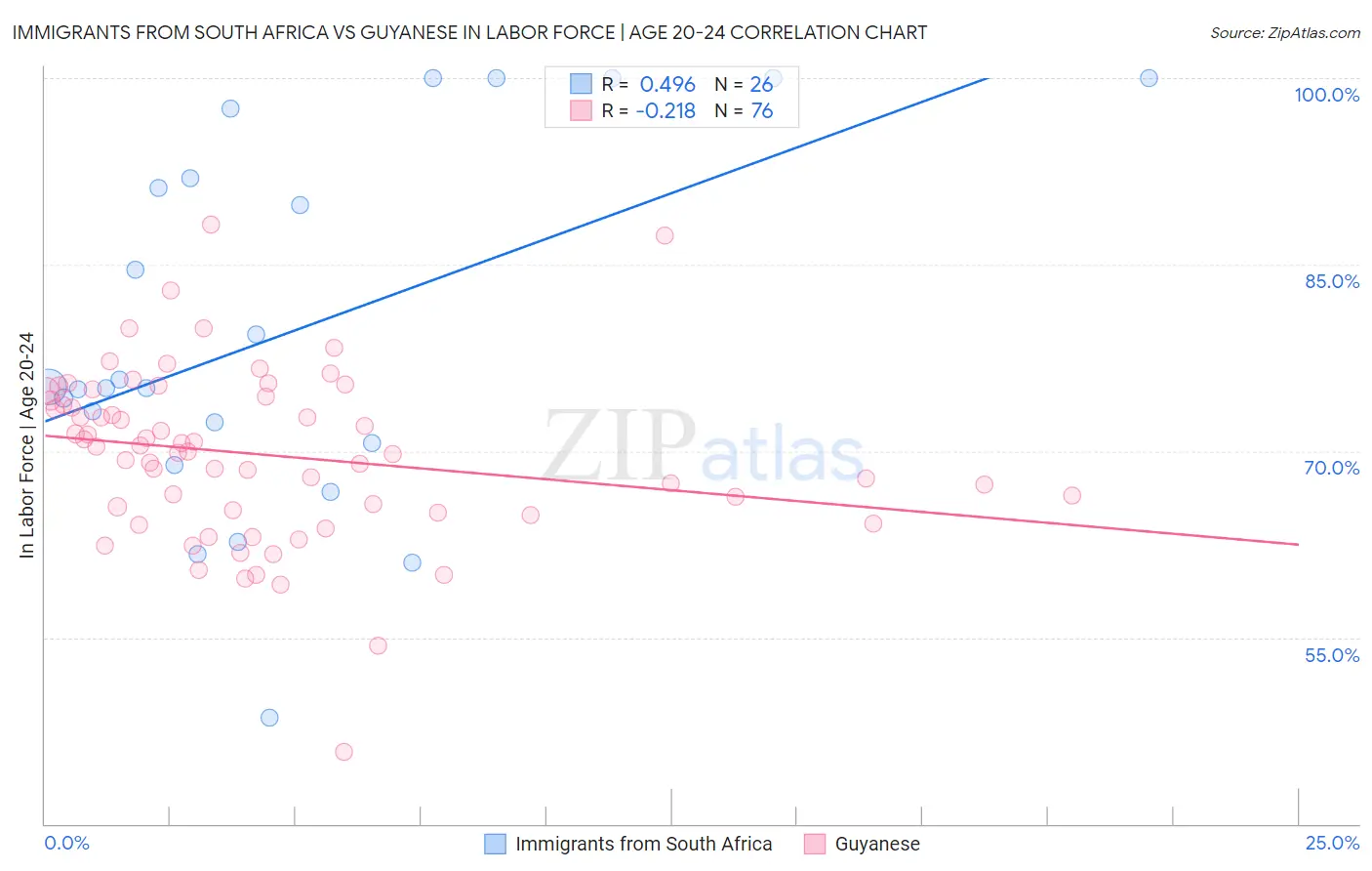 Immigrants from South Africa vs Guyanese In Labor Force | Age 20-24