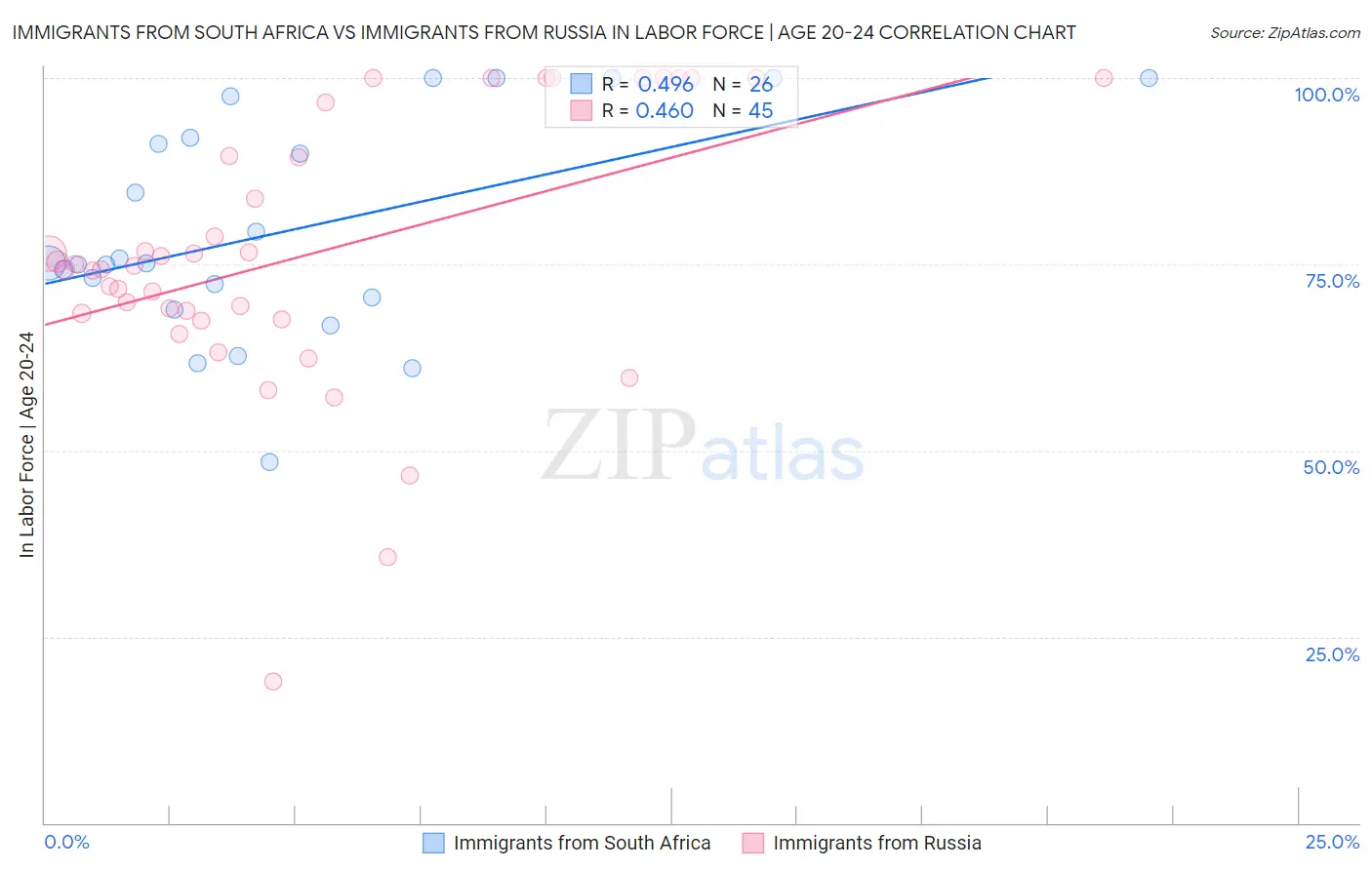 Immigrants from South Africa vs Immigrants from Russia In Labor Force | Age 20-24