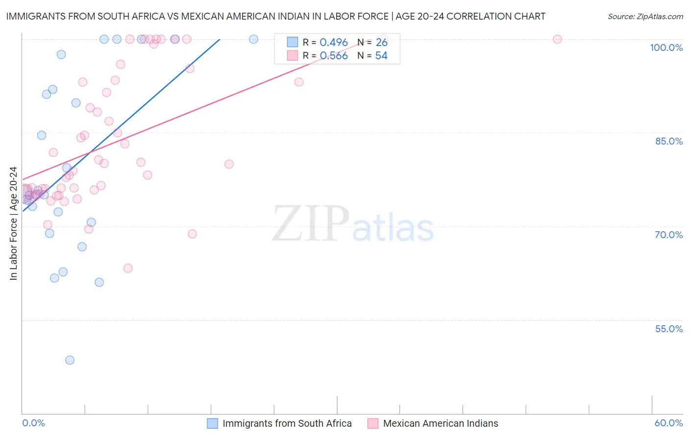 Immigrants from South Africa vs Mexican American Indian In Labor Force | Age 20-24