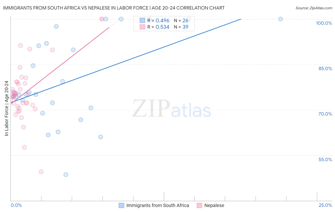 Immigrants from South Africa vs Nepalese In Labor Force | Age 20-24
