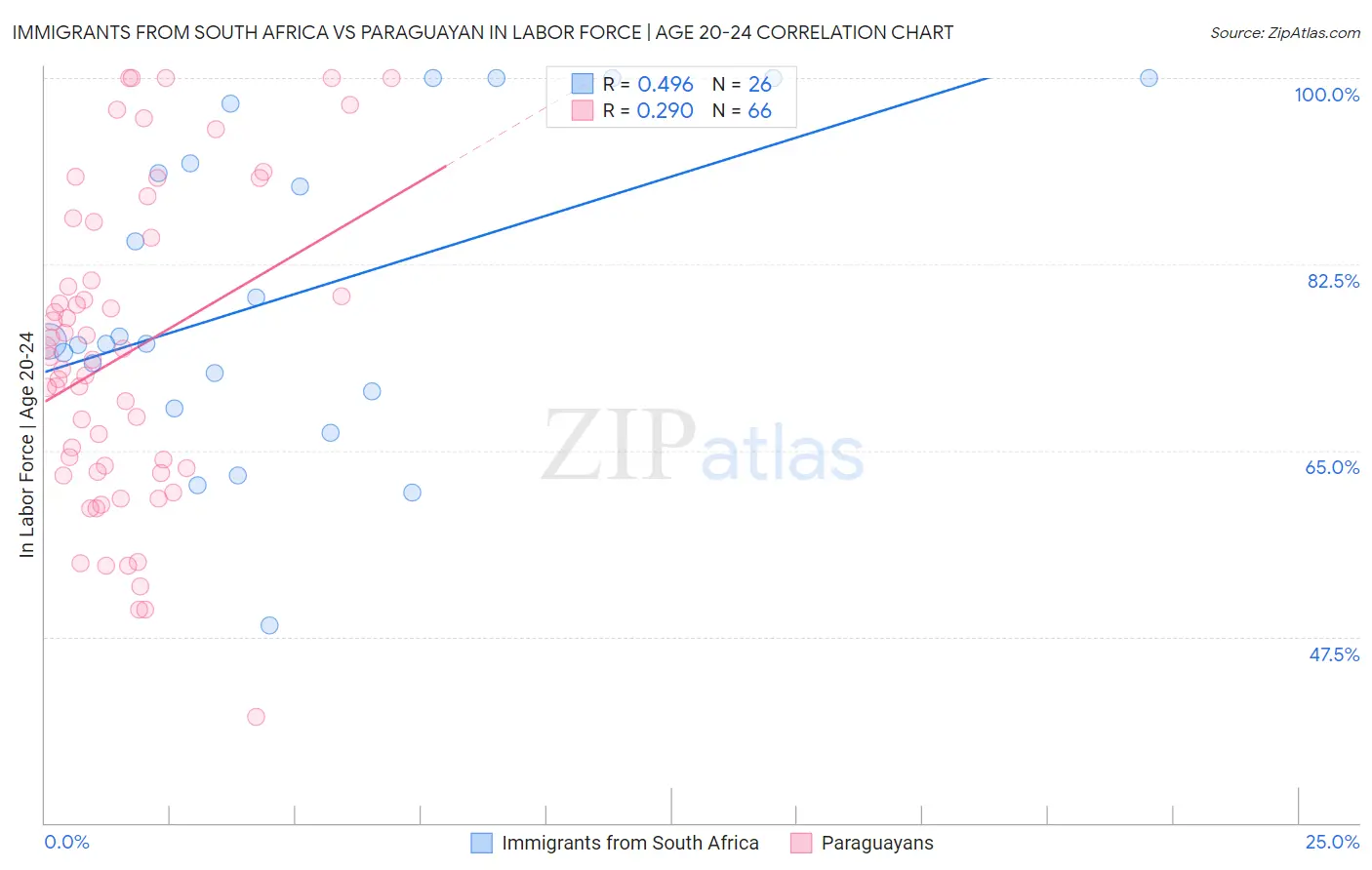 Immigrants from South Africa vs Paraguayan In Labor Force | Age 20-24