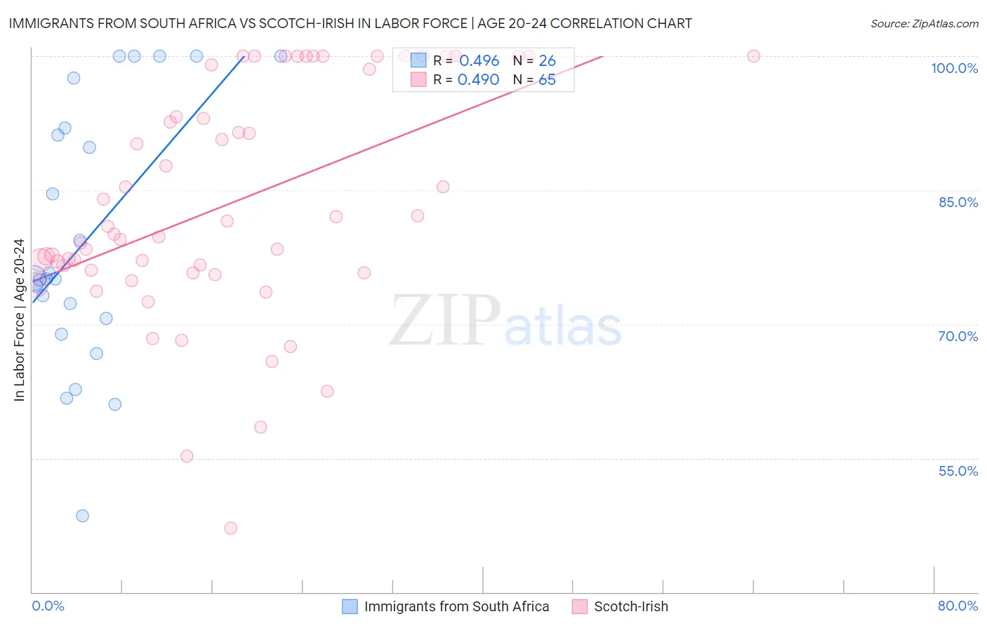 Immigrants from South Africa vs Scotch-Irish In Labor Force | Age 20-24