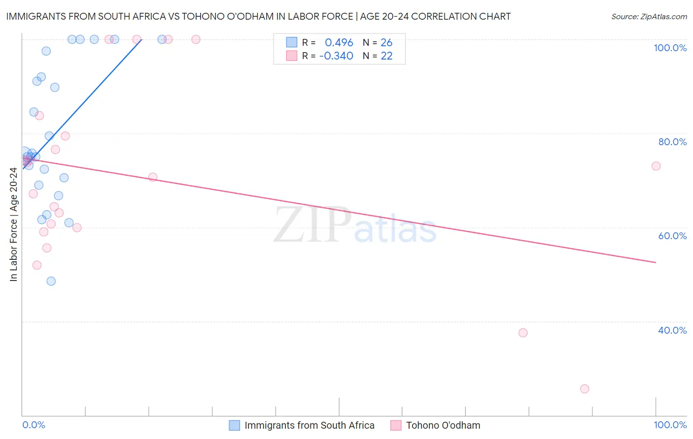 Immigrants from South Africa vs Tohono O'odham In Labor Force | Age 20-24