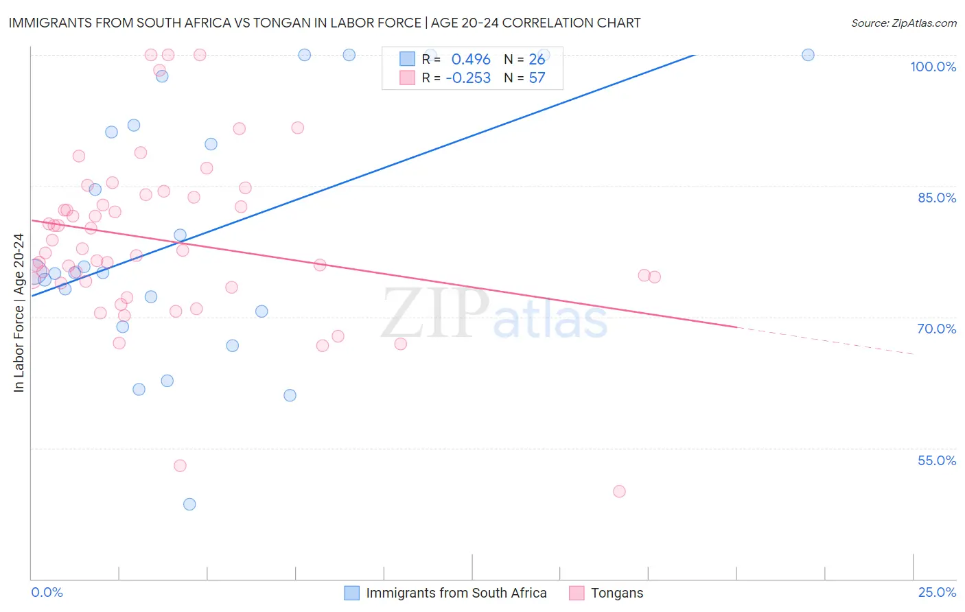 Immigrants from South Africa vs Tongan In Labor Force | Age 20-24