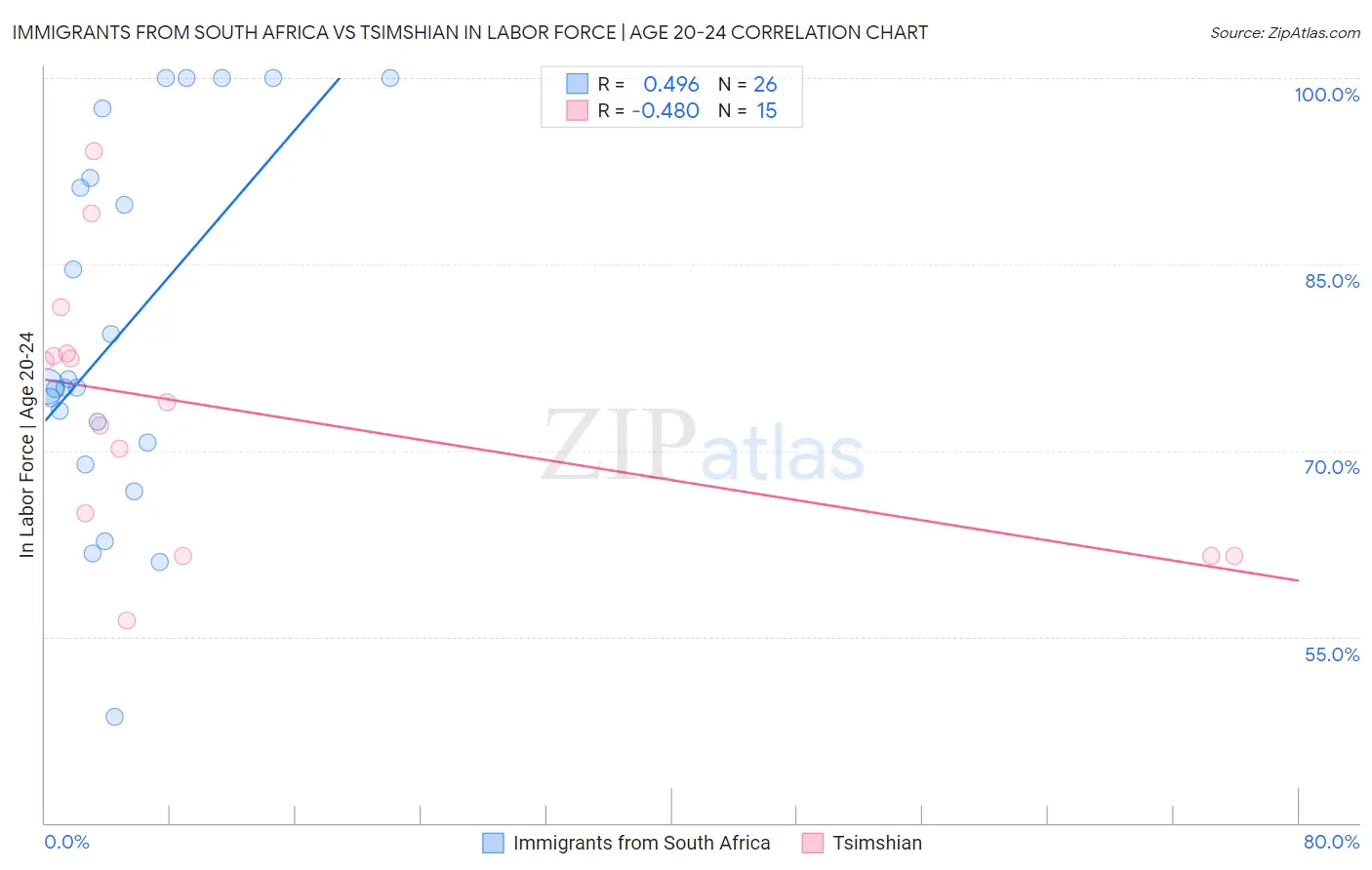 Immigrants from South Africa vs Tsimshian In Labor Force | Age 20-24