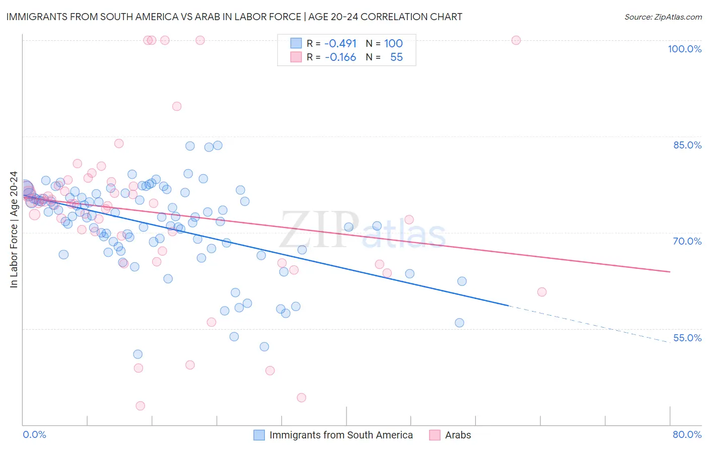 Immigrants from South America vs Arab In Labor Force | Age 20-24