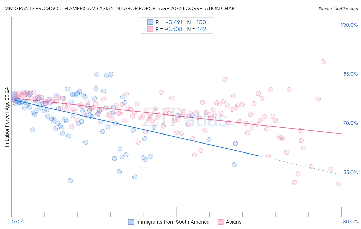 Immigrants from South America vs Asian In Labor Force | Age 20-24