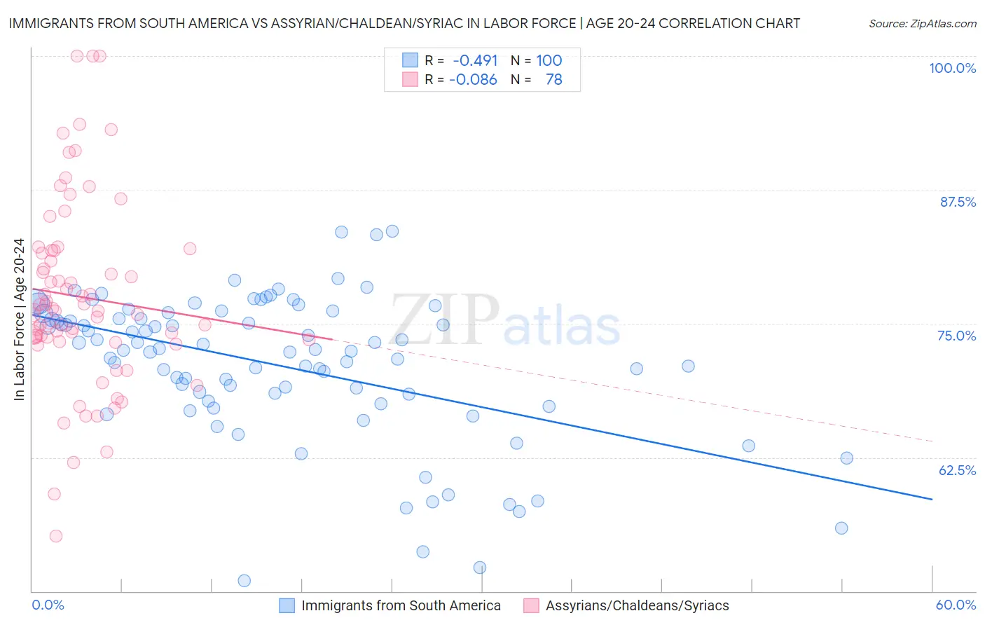 Immigrants from South America vs Assyrian/Chaldean/Syriac In Labor Force | Age 20-24