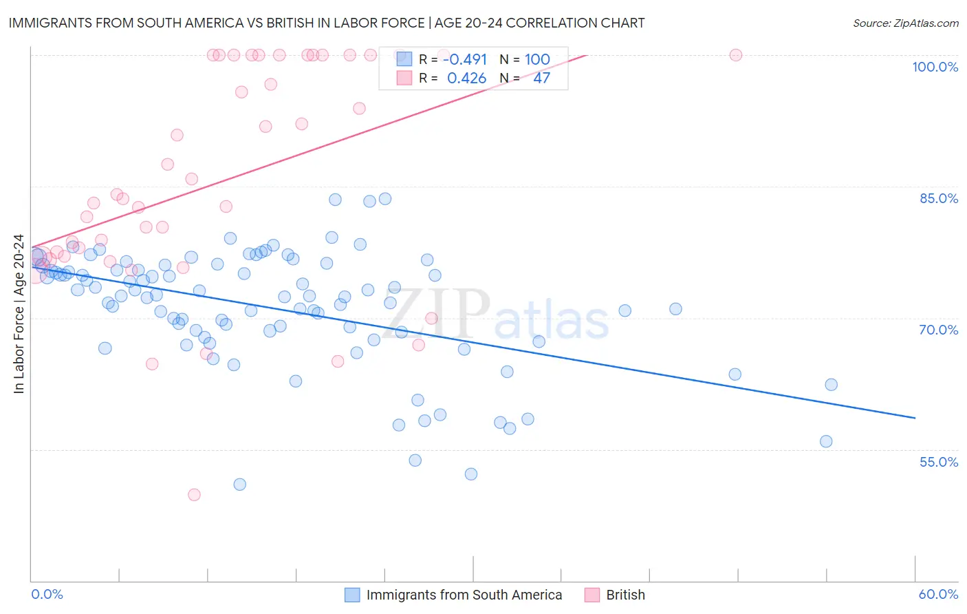 Immigrants from South America vs British In Labor Force | Age 20-24