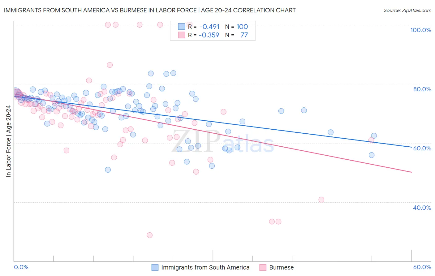 Immigrants from South America vs Burmese In Labor Force | Age 20-24