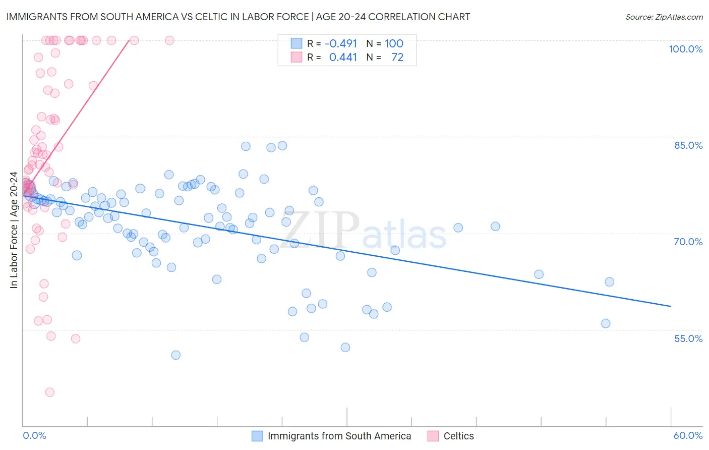 Immigrants from South America vs Celtic In Labor Force | Age 20-24