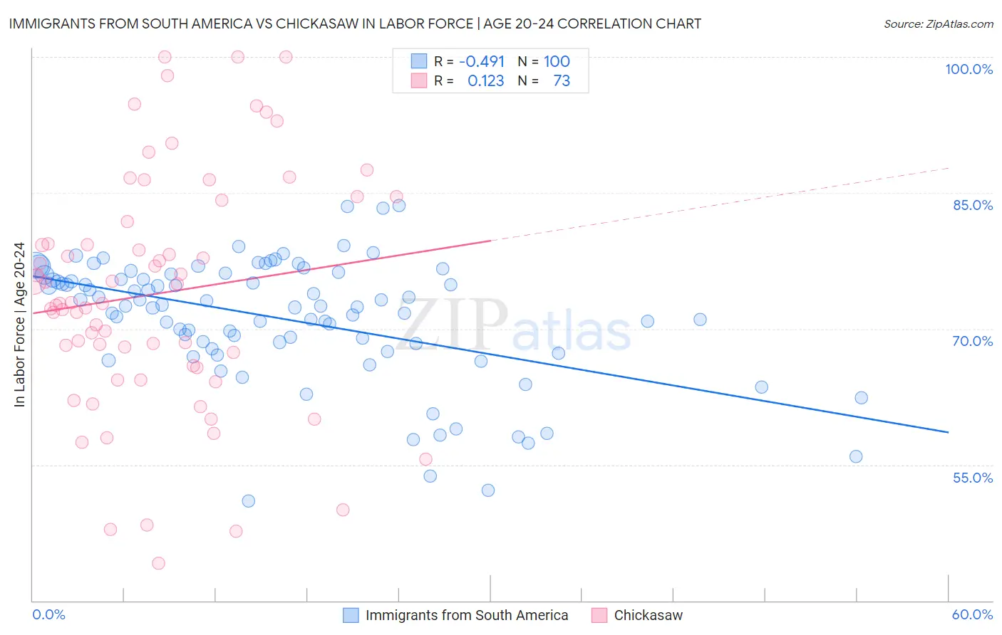 Immigrants from South America vs Chickasaw In Labor Force | Age 20-24