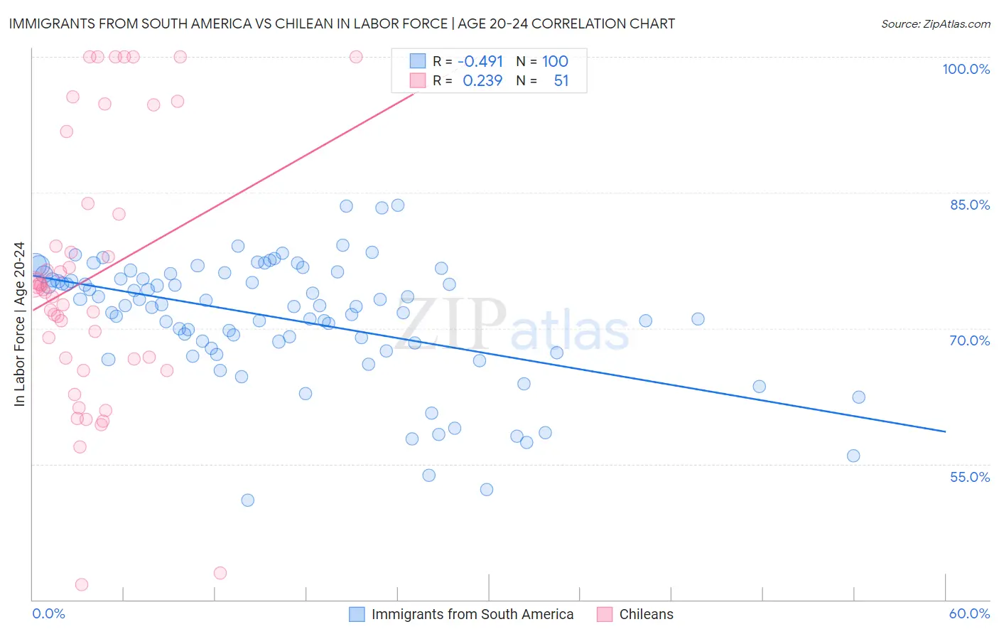 Immigrants from South America vs Chilean In Labor Force | Age 20-24