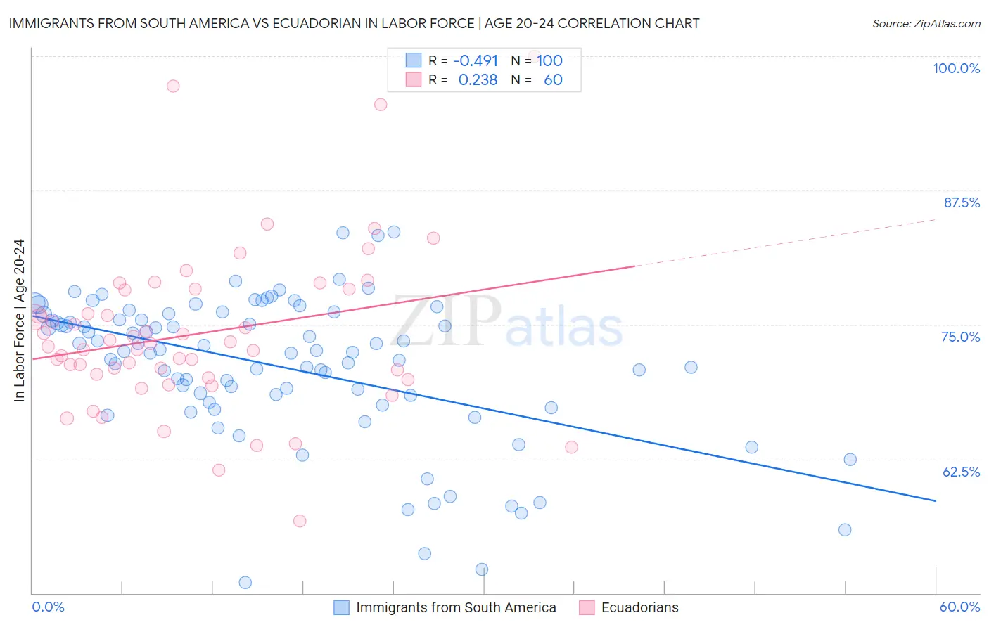Immigrants from South America vs Ecuadorian In Labor Force | Age 20-24