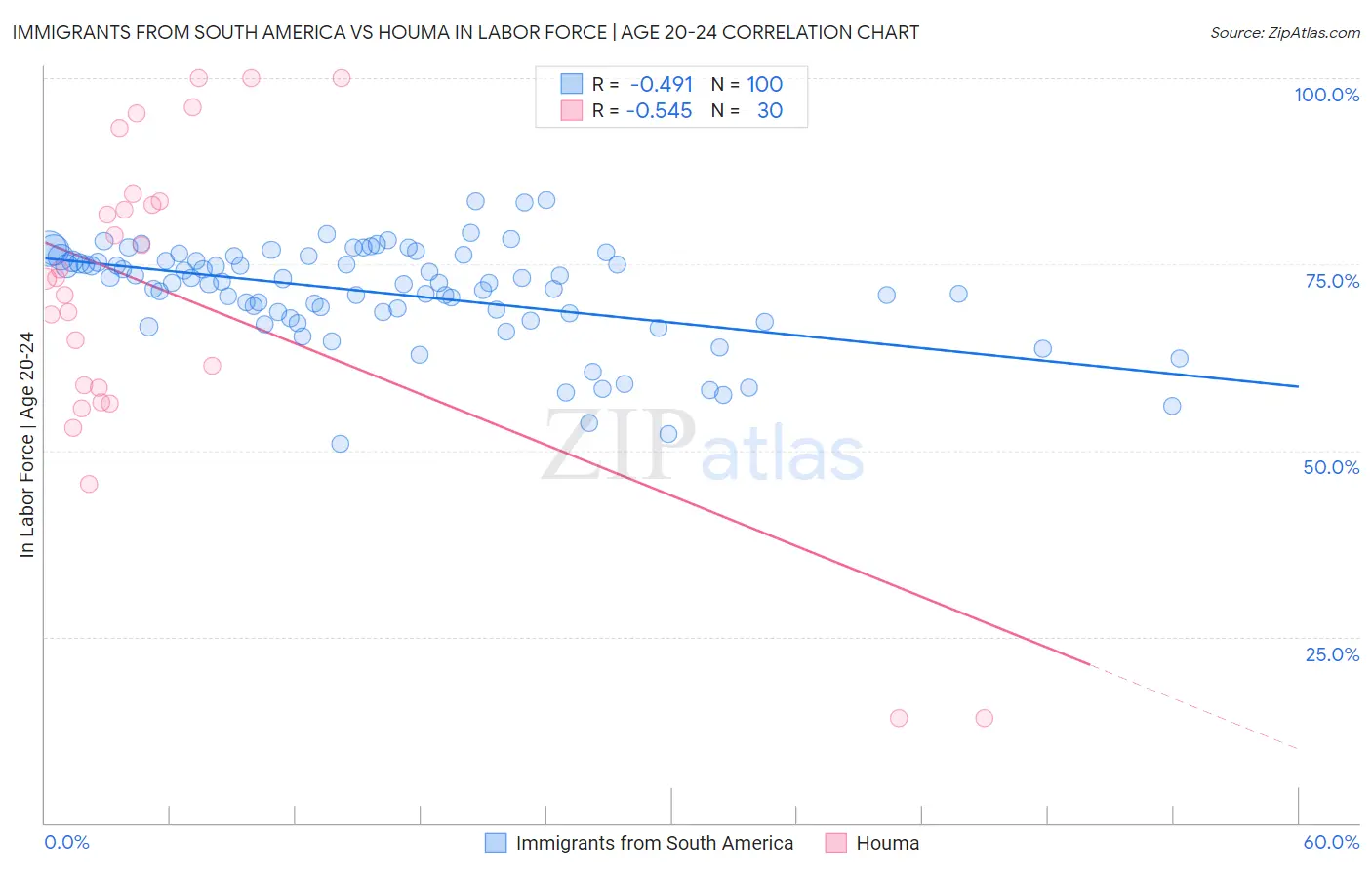Immigrants from South America vs Houma In Labor Force | Age 20-24