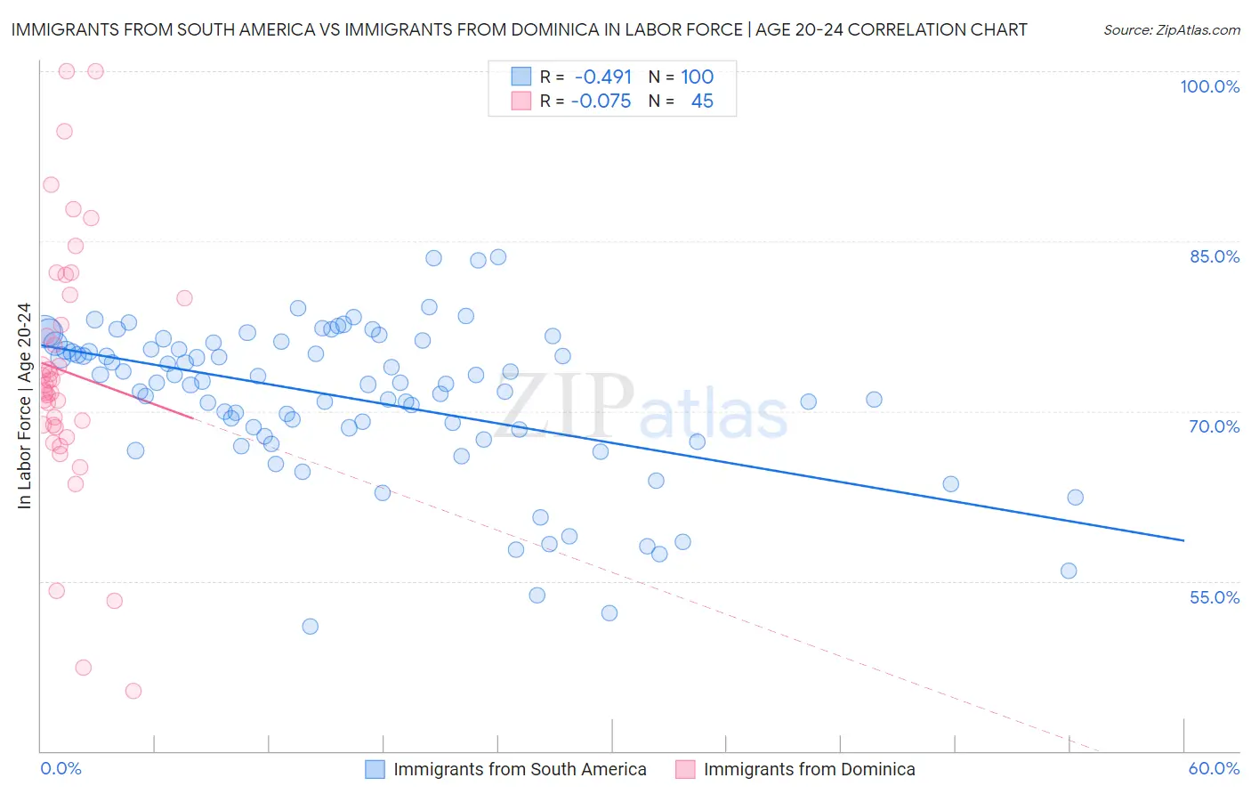 Immigrants from South America vs Immigrants from Dominica In Labor Force | Age 20-24