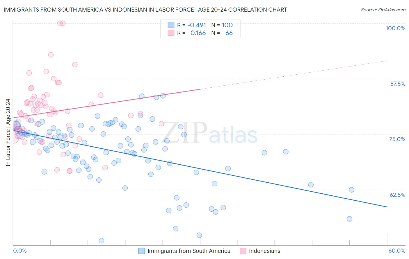 Immigrants from South America vs Indonesian In Labor Force | Age 20-24