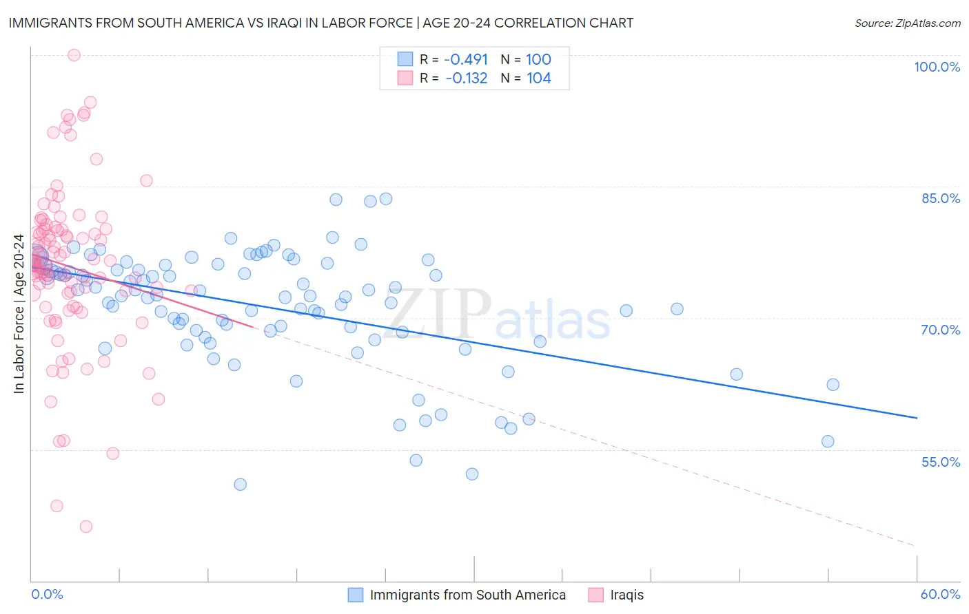 Immigrants from South America vs Iraqi In Labor Force | Age 20-24