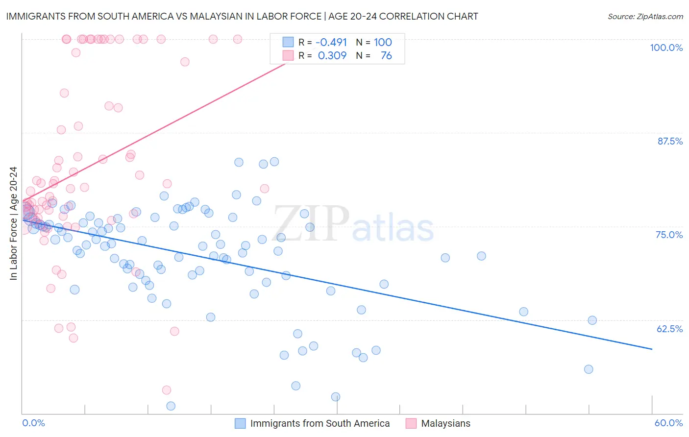 Immigrants from South America vs Malaysian In Labor Force | Age 20-24