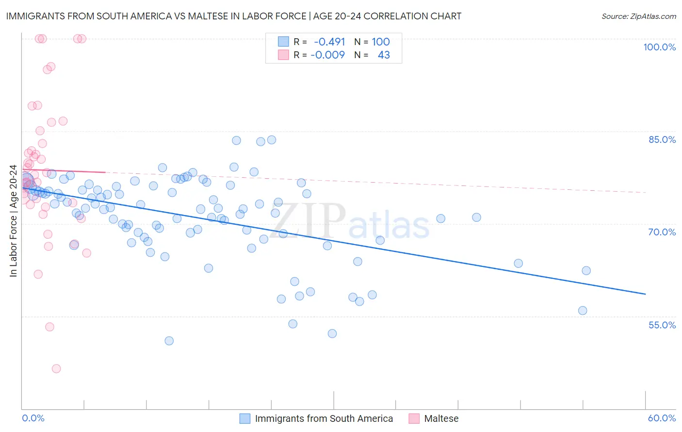 Immigrants from South America vs Maltese In Labor Force | Age 20-24